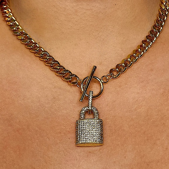 Gold Lock Rhinestone Chain Link Toggle Necklace - Picture 2 of 10